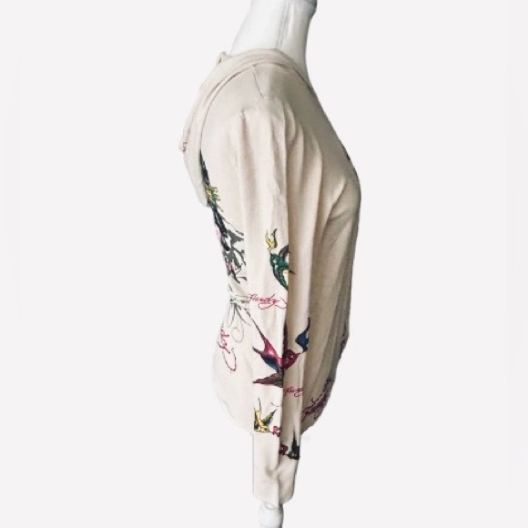NWT Vintage ED HARDY Hoodie Sweater Cream Birds Enbroidered Designer Cardigan - Picture 6 of 15